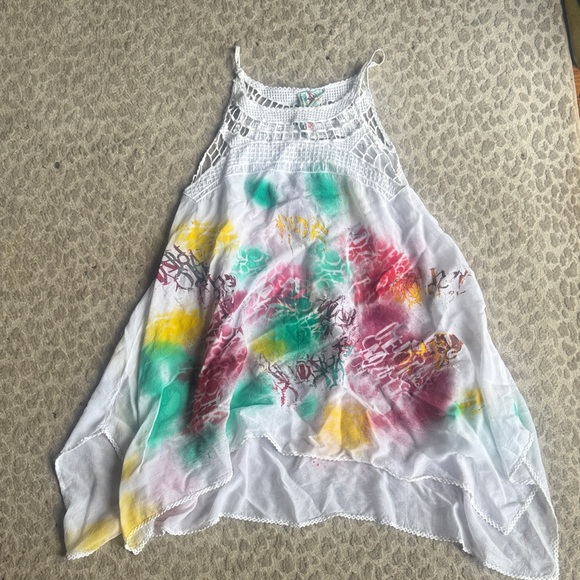 Johnny Was RARE Painted Crochet Trimmed Handkerchief Tank Tunic, size Small - Picture 2 of 8